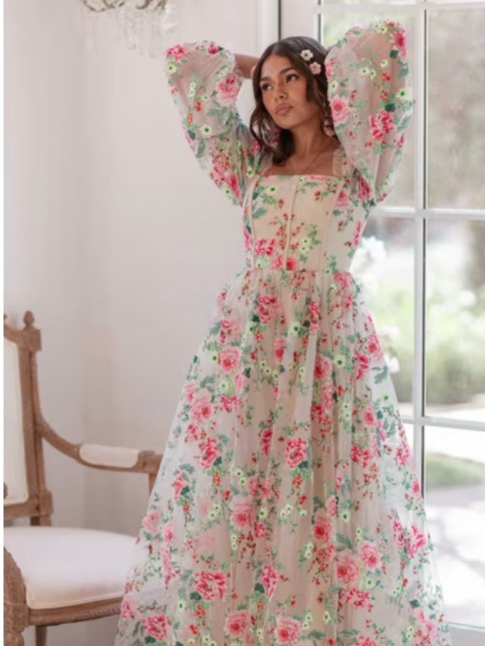 JessaKae Embroidered Floral Mesh Dress in Pink, Green & Cream